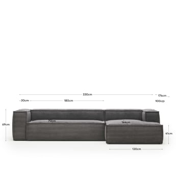 Blok 4 seater sofa with right side chaise longue in grey corduroy, 330 cm FR - maten