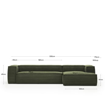 Blok 4 seater sofa with right side chaise longue in green corduroy, 330 cm FR - dimensioni