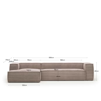 Blok 4 seater sofa with left side chaise longue in pink corduroy, 330 cm FR - dimensions