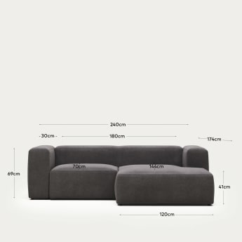 Blok 2 seater sofa with right side chaise longue in grey, 240 cm FR - sizes