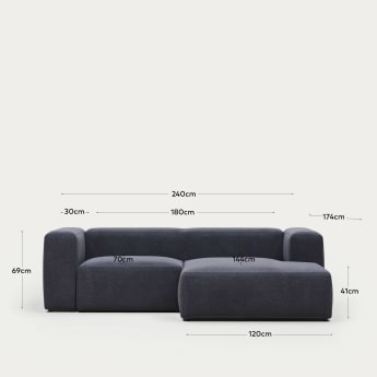 Blok 2 seater sofa with right side chaise longue in blue, 240 cm FR - dimensions