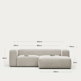 Blok 2 seater sofa with right side chaise longue in white, 240 cm FR - maten