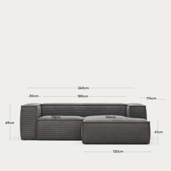 Sofa Blok 2-osobowa z prawym szezlongiem szary gruby sztruks 240 cm FR - rozmiary