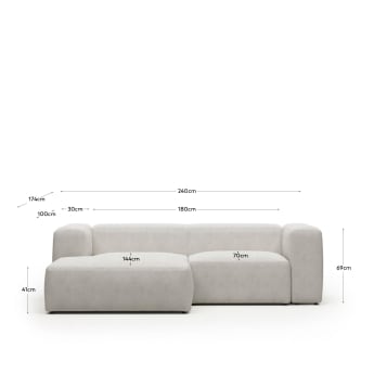 Blok 2 seater sofa with left side chaise longue in white fleece, 240 cm FR - sizes