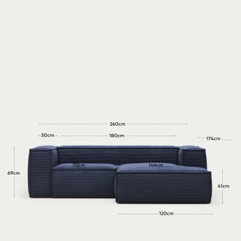 Blok 2 seater sofa with right side chaise longue in blue, 240 cm FR - sizes