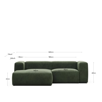 Blok 2 seater sofa with left hand chaise longue in green, 240 cm FR - sizes