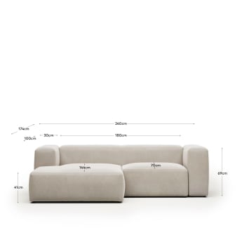 Blok 2 seater sofa with left side chaise longue in white, 240 cm FR - Größen
