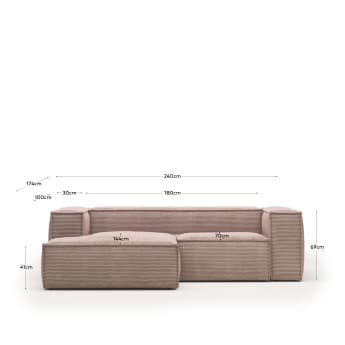 Blok 2 seater sofa with left side chaise longue in pink wide seam corduroy, 240 cm - sizes