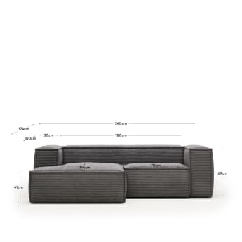 Blok 2 seater sofa with left side chaise longue in grey corduroy, 240 cm FR - sizes