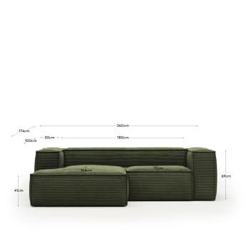 Blok 2-zitsbank met linker chaise longue in groen ribfluweel, 240 cm FR - maten