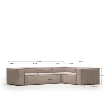 Blok 4 seater corner sofa in pink wide seam corduroy, 320 x 230 cm / 230 x 320 cm - sizes