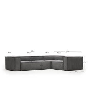 Blok 4 seater corner sofa in grey corduroy, 320 x 230 cm / 230 x 320 cm - sizes