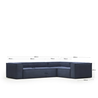 Blok 4 seater corner sofa in blue wide seam corduroy, 320 x 230 cm / 230 x 320 cm FR - sizes