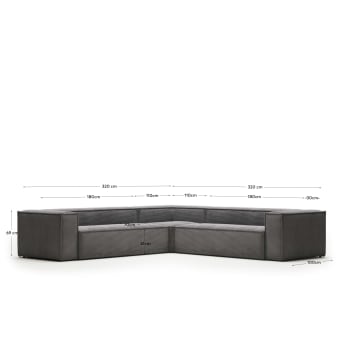 Blok 6 seater corner sofa in grey wide seam corduroy, 320 x 320 cm - sizes