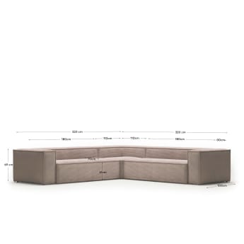 Blok 6 seater corner sofa in pink corduroy, 320 x 320 cm FR - maten