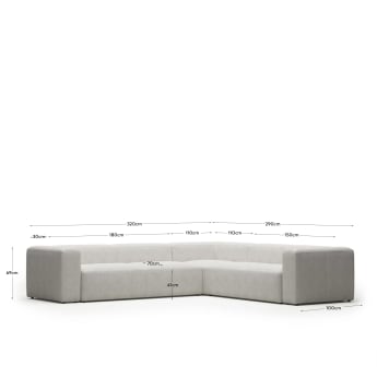 Blok 5 seater corner sofa in white fleece, 320 x 290 cm / 290 x 320 cm FR - sizes
