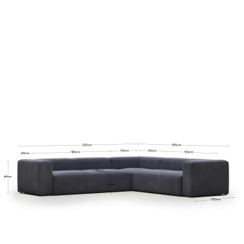 Blok 5 seater corner sofa in blue, 320 x 290 cm / 290 x 320 cm FR - sizes