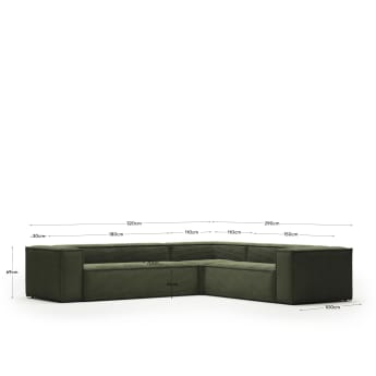 Blok 5-Sitzer-Ecksofa breiter Cord in Grün 320 x 290 / 290 x 320 cm - Größen