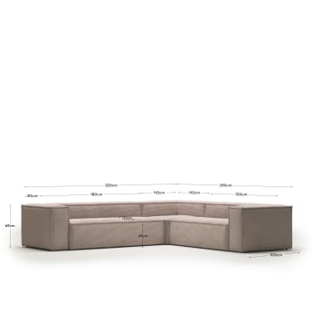 Blok 5 seater corner sofa in pink wide seam corduroy, 320 x 290 cm / 290 x 320 cm FR - sizes