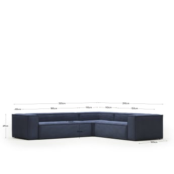 Blok 5 seater corner sofa in blue wide seam corduroy, 320 x 290 cm / 290 x 320 cm FR - sizes