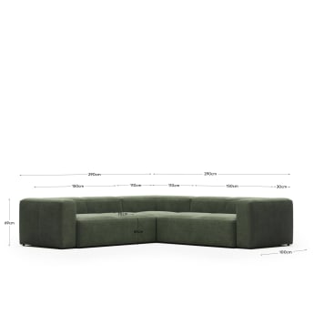 Blok 4 seater corner sofa in green, 290 x 290 cm FR - maten