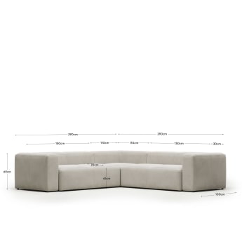 Blok 4 seater corner sofa in white, 290 x 290 cm FR - sizes