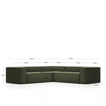 Blok 4 seater corner sofa in wide seam green corduroy, 290 x 290 cm - sizes