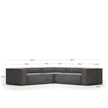 Blok 4 seater corner sofa in grey corduroy, 290 x 290 cm FR - maten