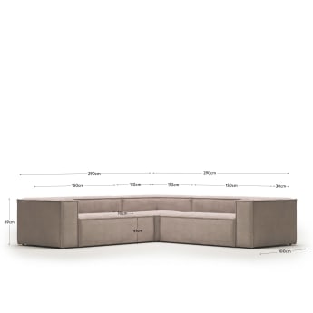 Blok 4 seater corner sofa in pink corduroy, 290 x 290 cm FR - sizes