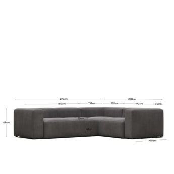 Blok 3 seater corner sofa in grey, 290 x 230 cm / 230 cm 290 cm FR - sizes