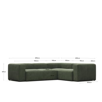 Blok 3 seater corner sofa in green, 290 x 230 cm / 230 cm 290 cm FR - sizes