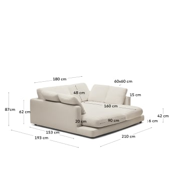 Sofà Gala 3 places amb doble chaise longue beix 210 cm - mides