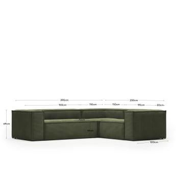 Sofa narożna Blok 3-osobowa gruby sztruks w kolorze zielonym 290 x 230 cm / 230 cm 290 cm FR - rozmiary
