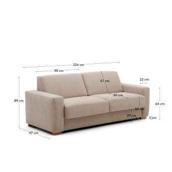 Sofa rozkładana Anley 3-osobowa beżowa 224 cm - rozmiary