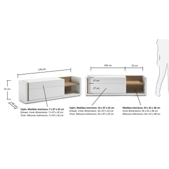 Mueble TV DE lacado blanco y detalles en chapa de roble 170 x 52 cm - tamaños