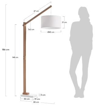 Riaz floor lamp in solid beech wood with white lampshade, UK adaptor - sizes