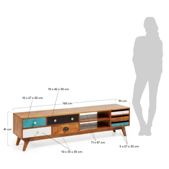 Conrad solid mango wood TV stand with 7 drawers, multicolour and natural finish, 160 x 41 cm - sizes