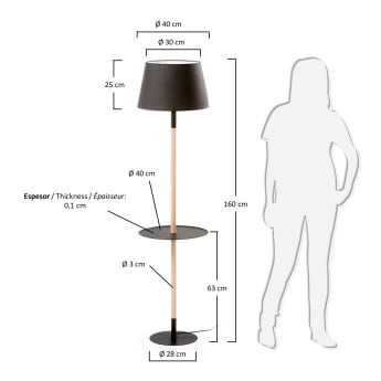 Lámpara de pie con bandeja Orsen, negro - tamaños