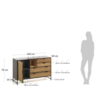 Μπουφές Kyoko, 1 πόρτα, 4 συρτάρια, λυγαριά, μασίφ ξύλο ελάτης, μαύρο μέταλλο, 120x75εκ - μεγέθη