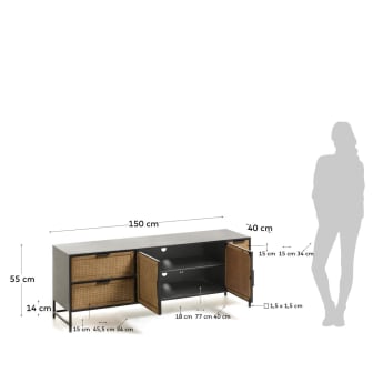 Szafka RTV Kyoko 2 drzwi i 4 szuflady drewno jodłowe wiklina i czarny metal 150 x 55 cm - rozmiary
