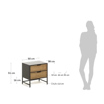 Table de chevet Ketoko en bois de sapin, osier et acier finition noire 50 x 51 cm - dimensions