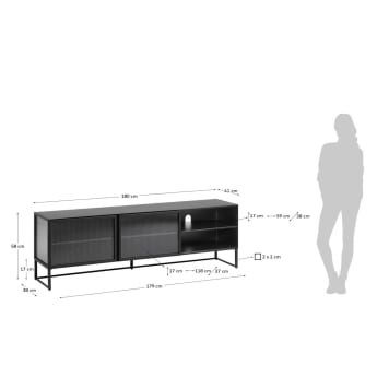Trixie stalen TV-meubel met 2 deuren in een zwart gelakte afwerking, 180 x 50 cm - maten