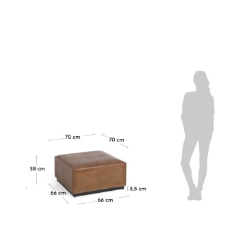 Repose-pieds Cesia en cuir de buffle marron 70 x 70 cm avec base en bois - dimensions