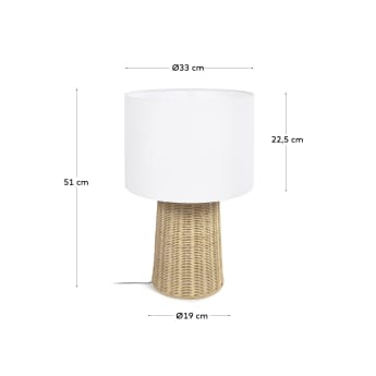 Lampe de table Kimjit en rotin finition naturelle avec adaptateur prise UK - dimensions