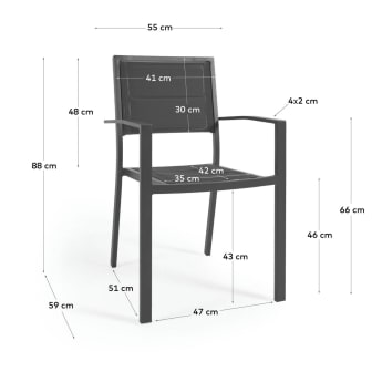 Cadeira de exterior empilhável Sirley de alumínio e texteline preto - tamanhos
