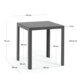 Table de jardin Sirley en aluminium noir 70 x 70 cm - dimensions