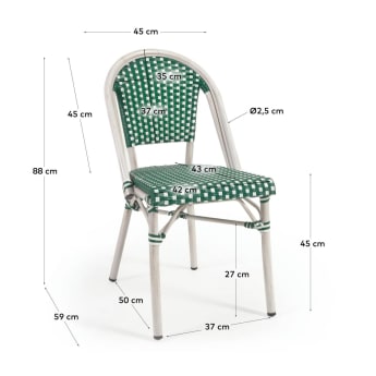 Cadira d'exterior bistro Marilyn d'alumini i rotang sintètic verd i blanc - mides