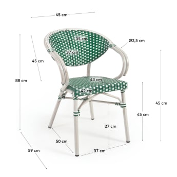 Marilyn stackable outdoor bistro chair with arms in aluminium and synthetic rattan, green & white - sizes