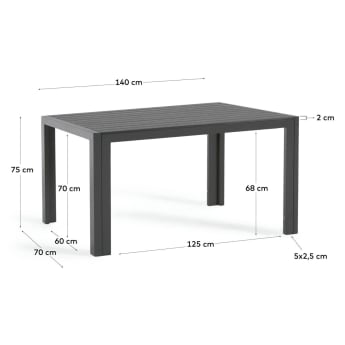 Table de jardin Sirley en aluminium noir 140 x 70 cm - dimensions