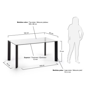 Table Spot 160x90 cm, noir et verre - dimensions